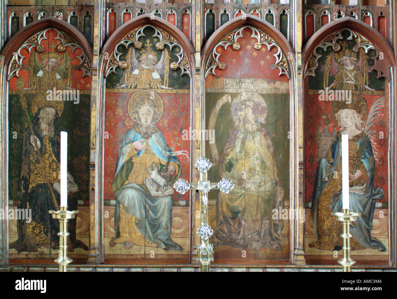 Part of the rood screen above the altar of St. John the Baptist in St. Helen's Church, Ranworth, Norfolk Broads Stock Photo