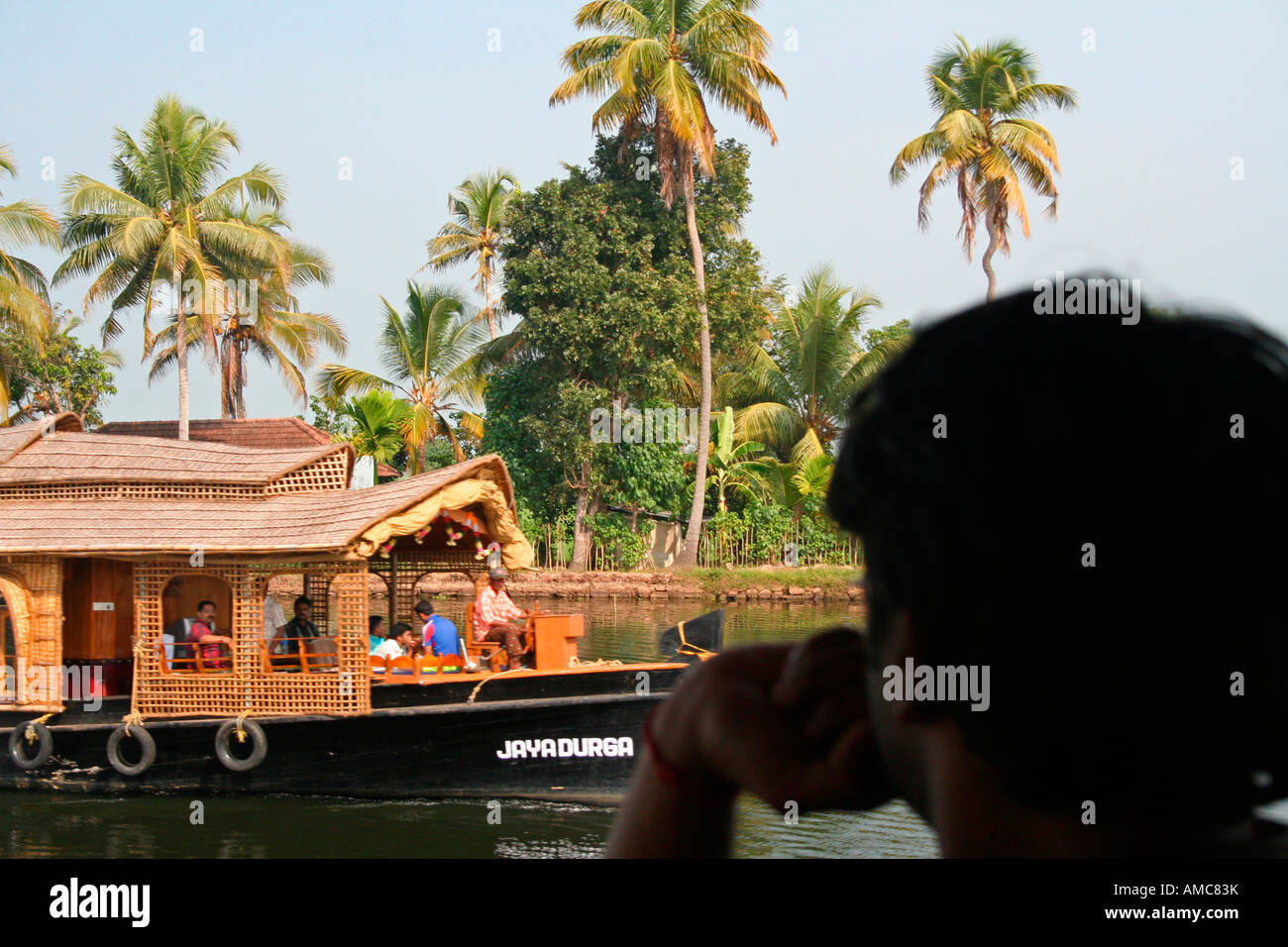 Tourist on a houseboat cruise watching another glide by in backwaters near Alappuzha or Alleppey, the 'Venice of Kerala' Stock Photo