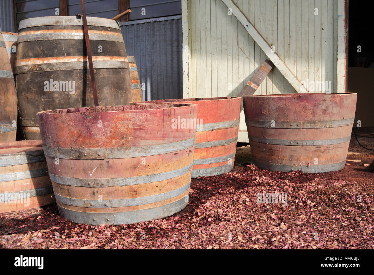 Repaired and remodelled wine barrels ready for delivery Rutherglen Victoria Australia Stock