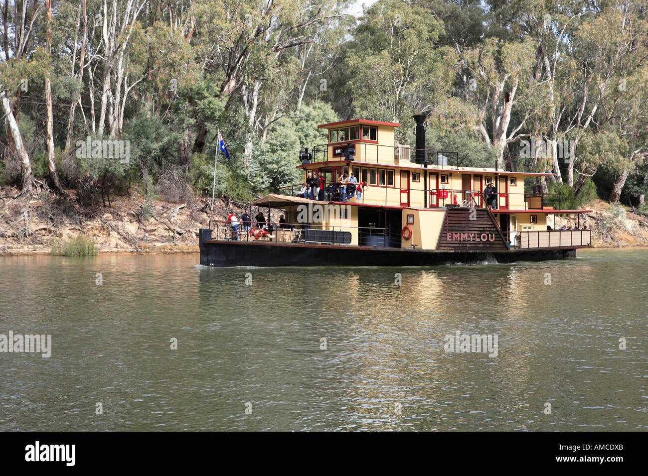 Paddlesteamer Emmylou cruising the Murray river near the historic town