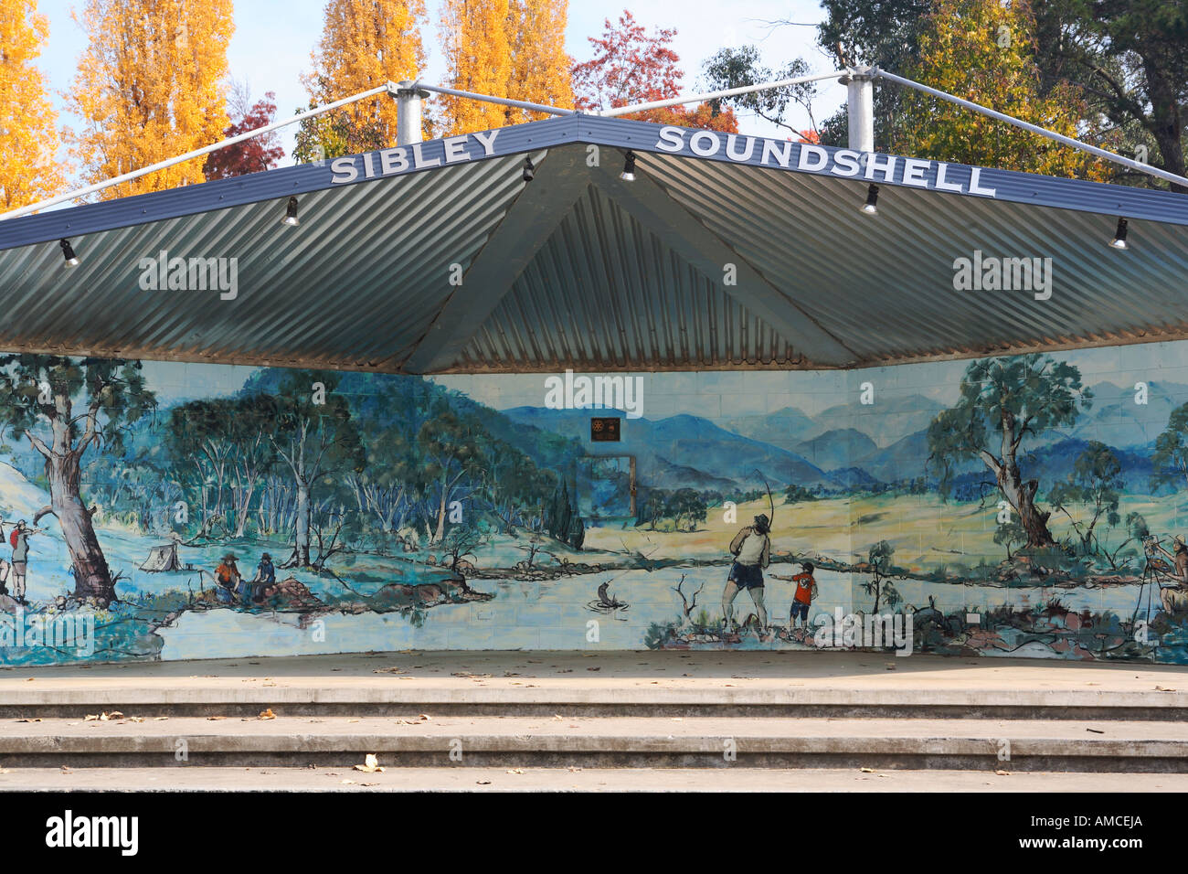 Sibley soundshell outdoor amphitheatre along Ovens river Bright North East Victoria Australia Stock Photo