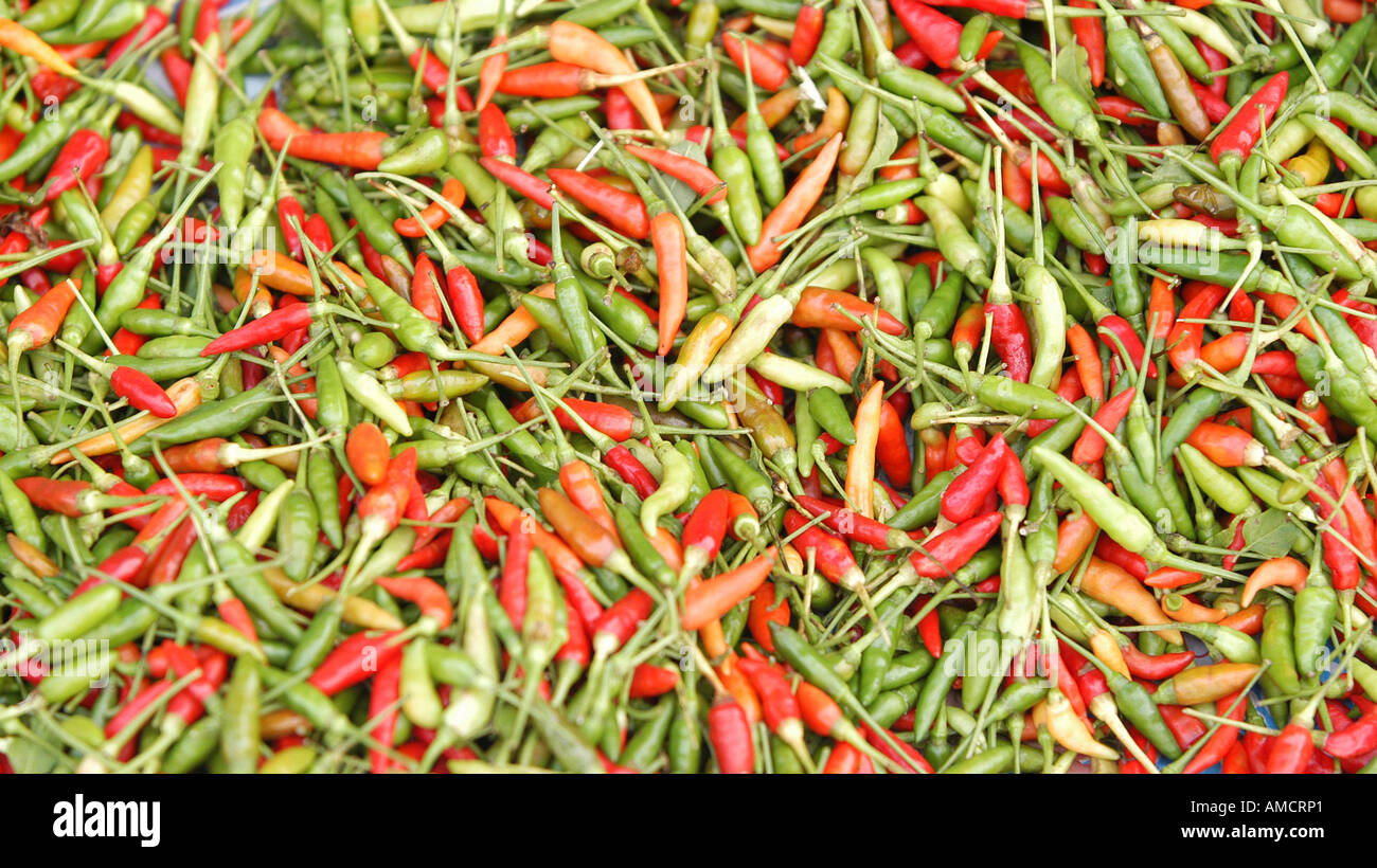 Thailand Market Red and green chilli peppers full frame Stock Photo