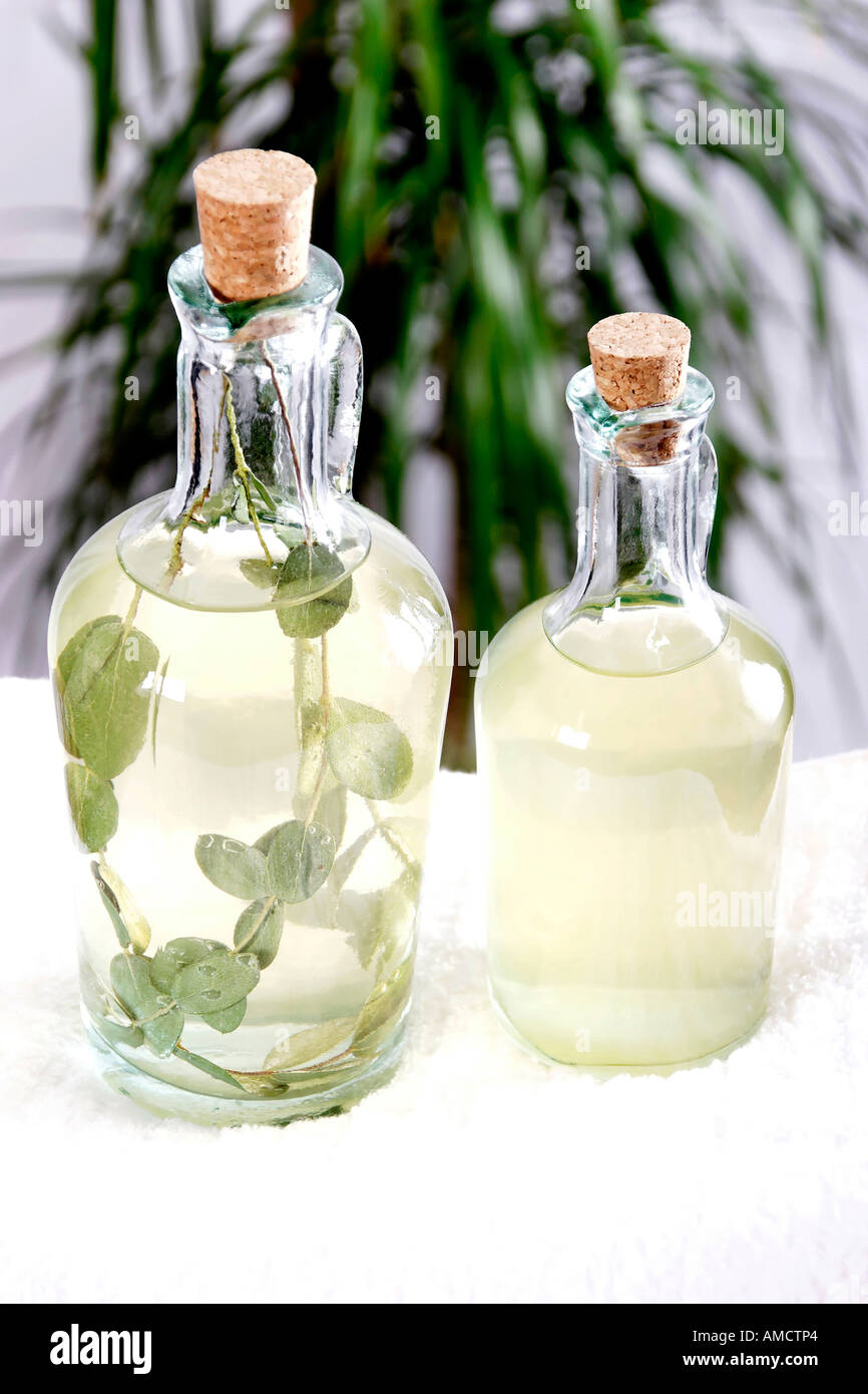 Massage oil in jugs elevated view Stock Photo