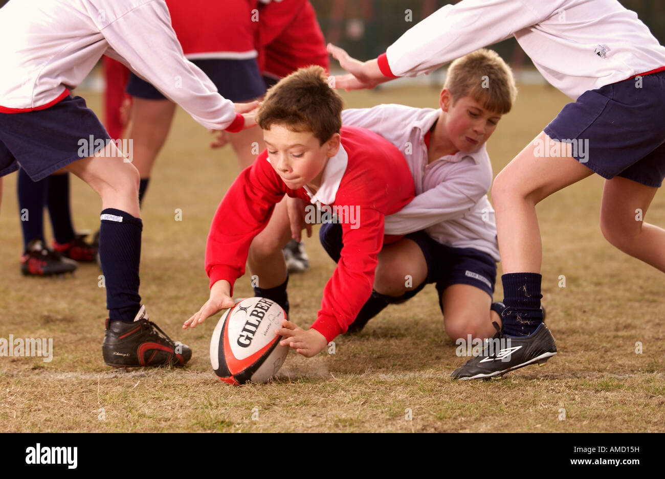 SCORING A TRY IN A BOYS RUGBY MATCH Stock Photo