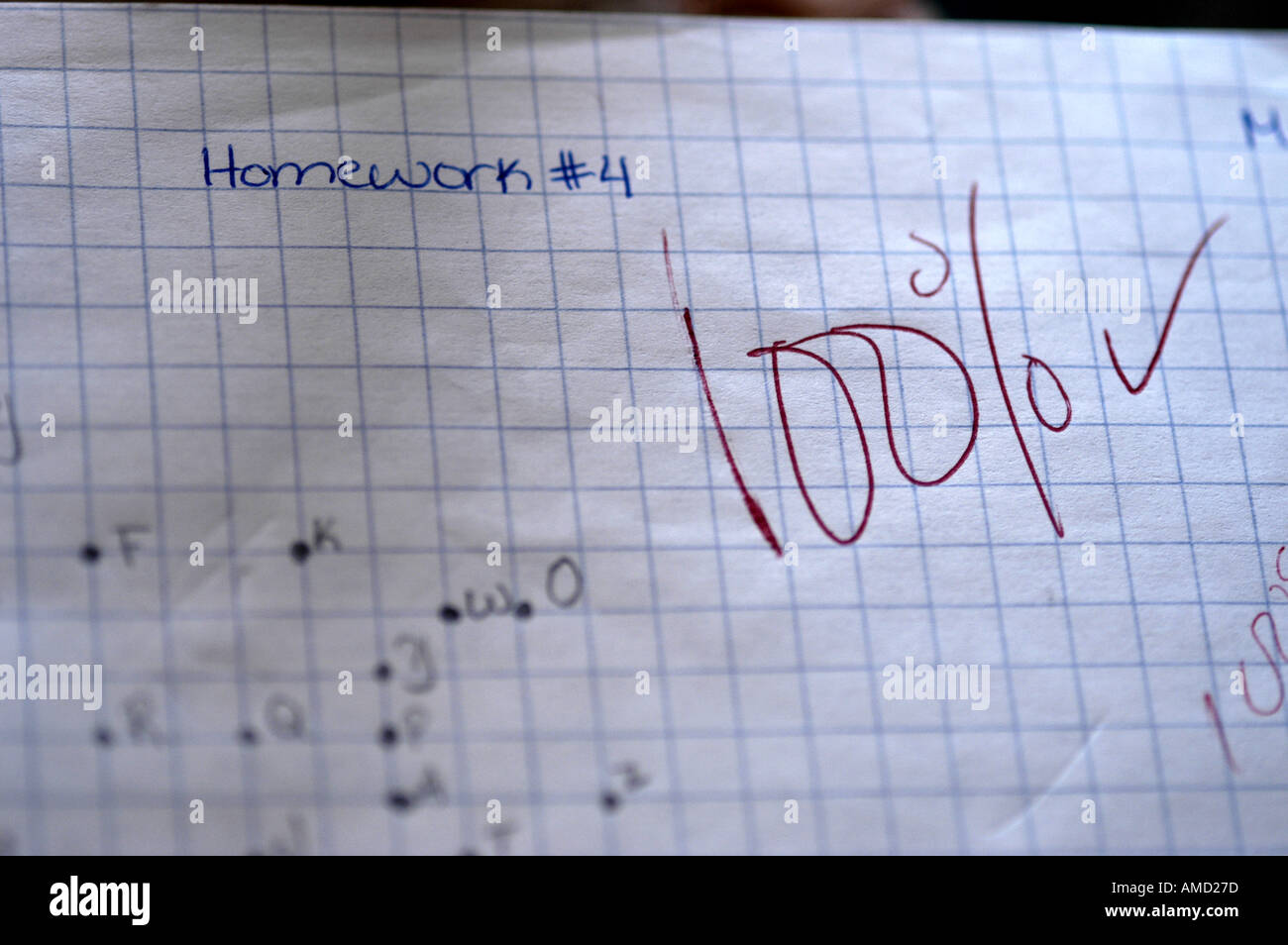 Graphing paper writing red 100 w check mark HORIZONTAL Stock Photo - Alamy