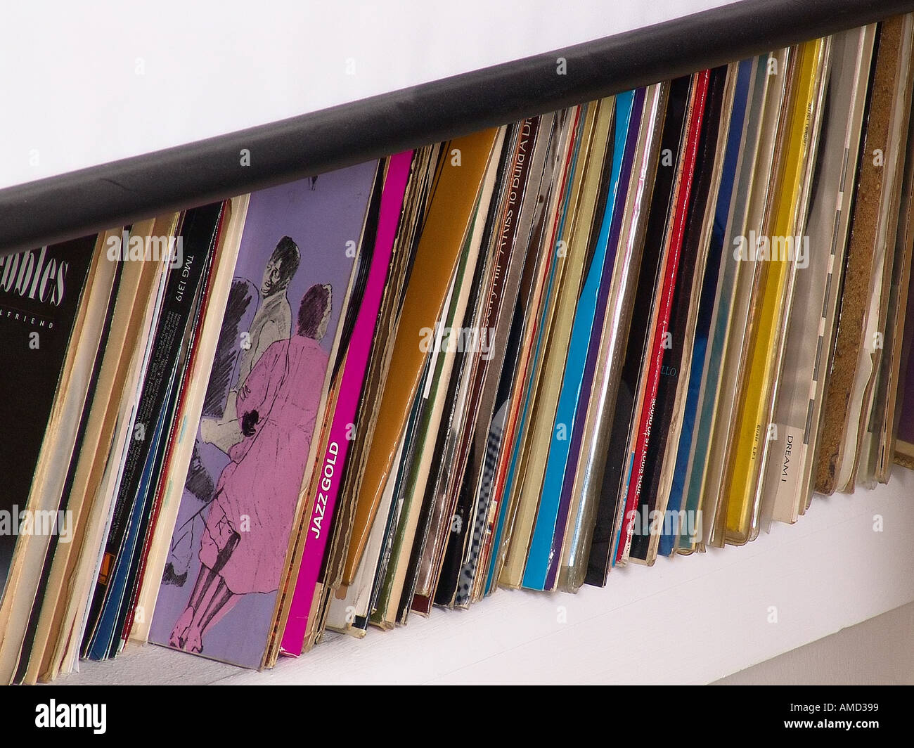 collection of vinyl records on shelf Stock Photo Alamy