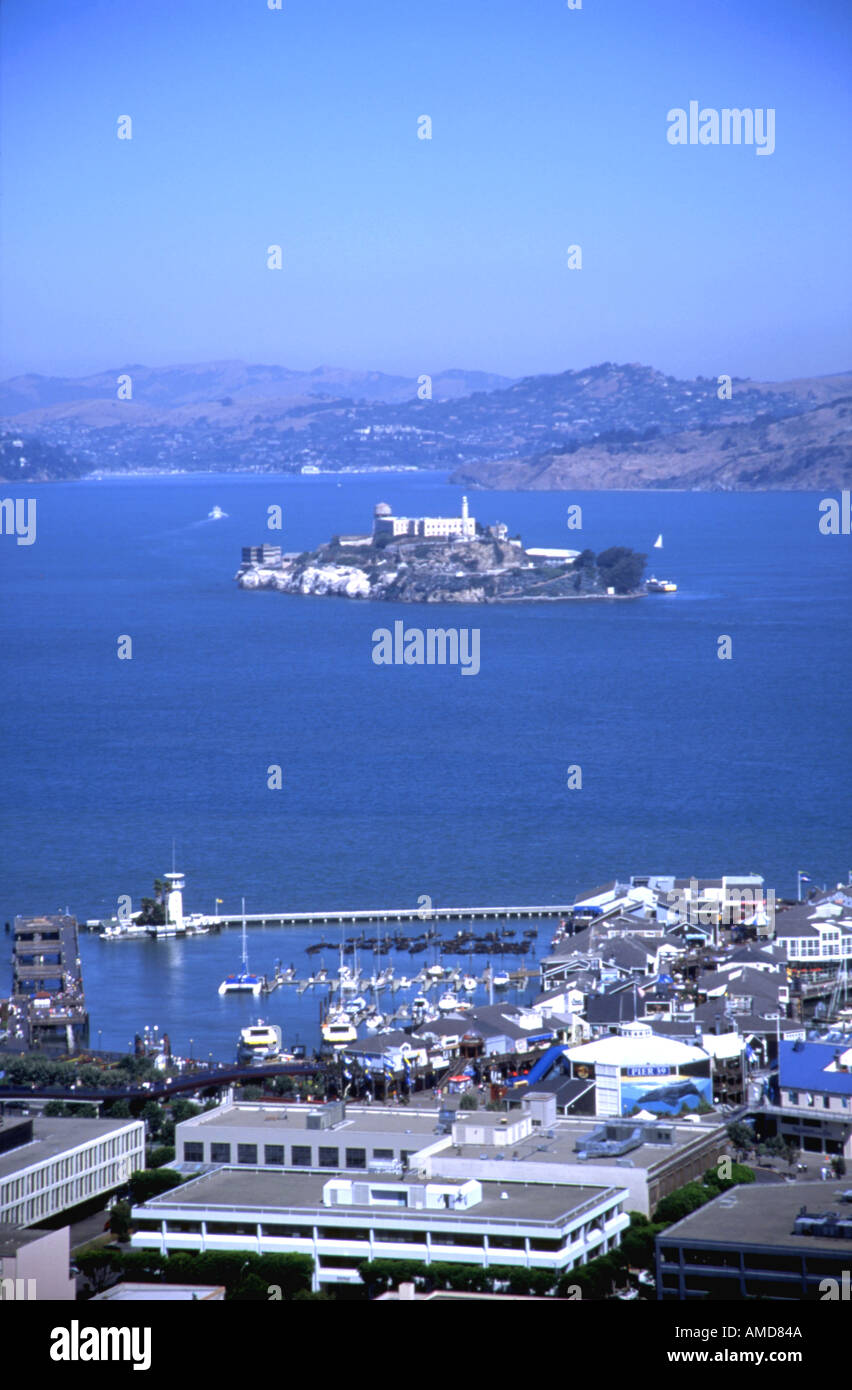 Alcatraz viewed from one of San Franciscos many hills with the ship museum in middle distance Stock Photo