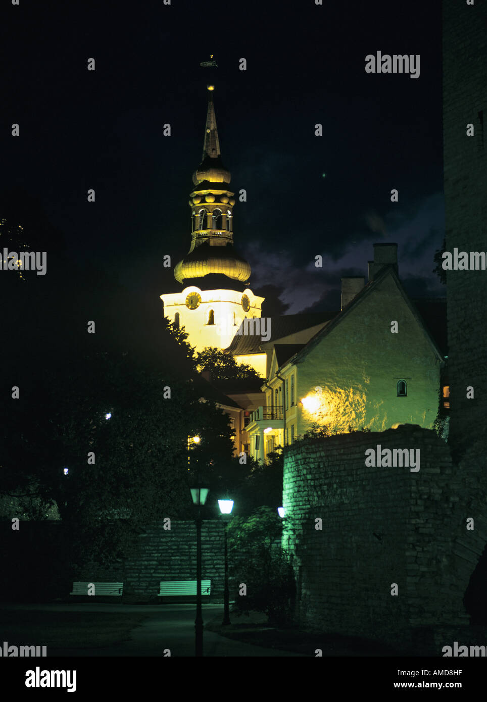 Tallinn Old Town Estonia TOOMKIRK SPIRE at NIGHT 13th century Cathedral of St Mary the Virgin from Virgin Tower in Toompea Stock Photo