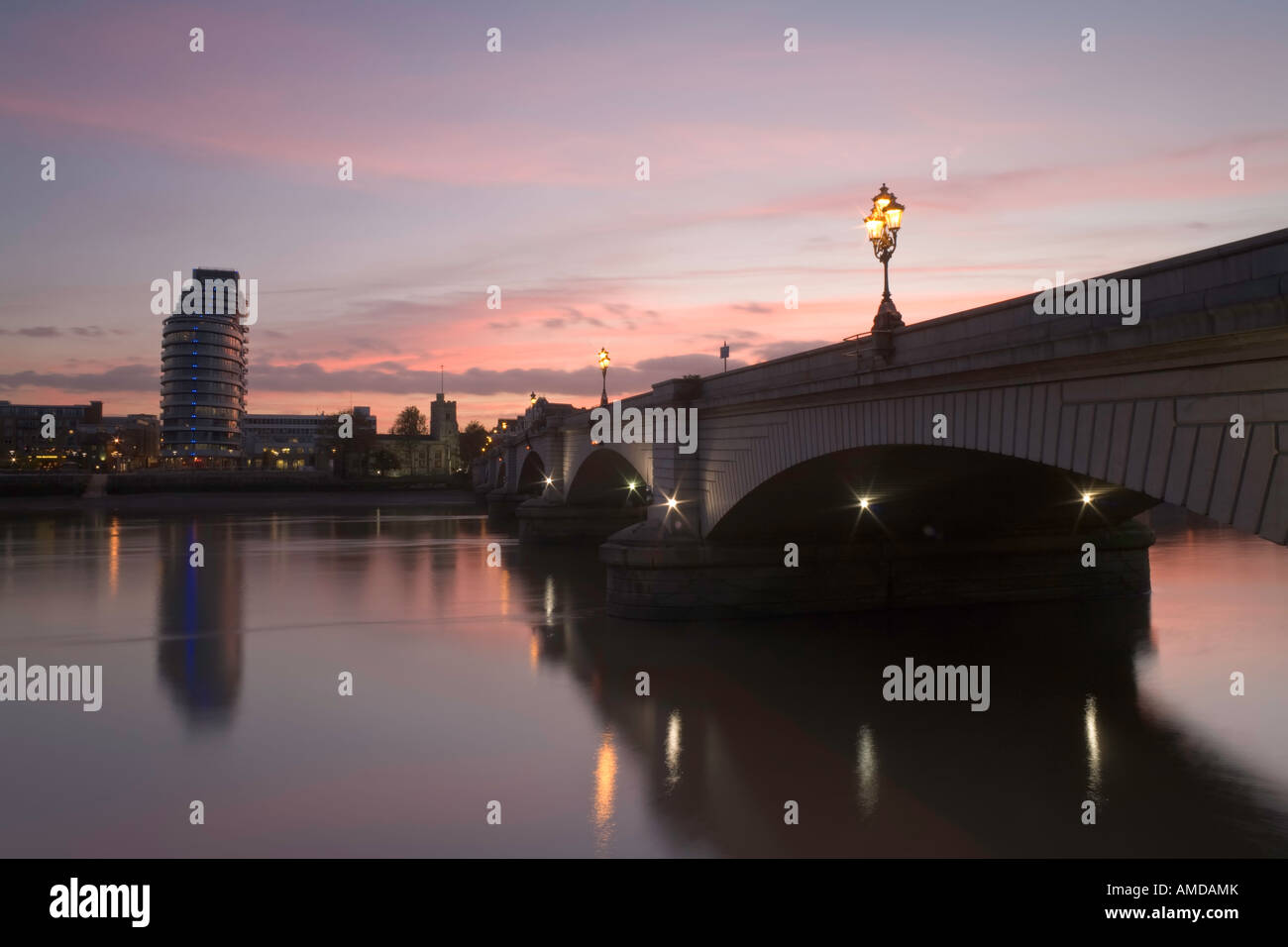 Putney Bridge at dusk looking south from the Fulham bank towards St