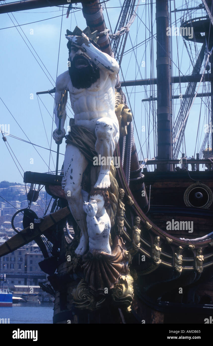 Christopher Columbus sailing ship reconstruction bow Neptun figure head Old Harbour Genoa Liguria Italy  Stock Photo