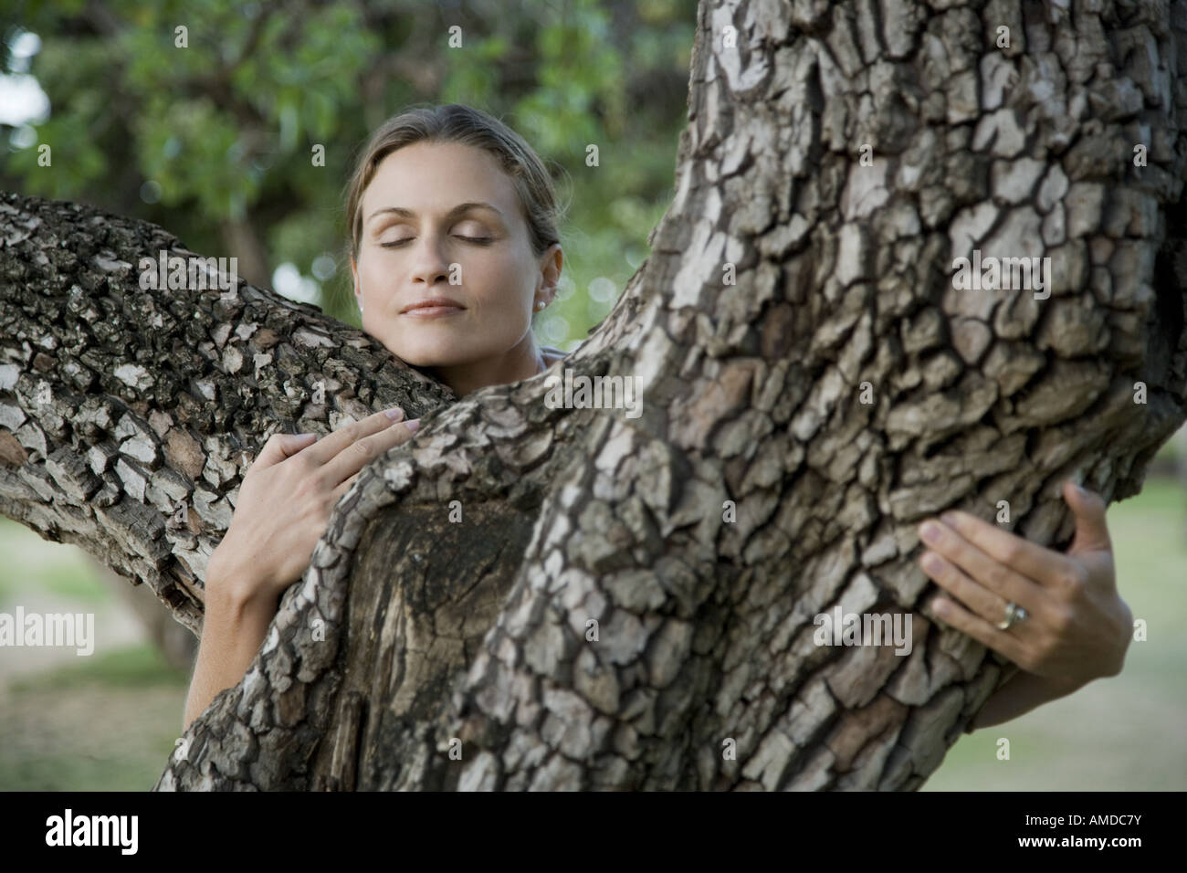 Close-up of woman hugging tree outdoors Stock Photo
