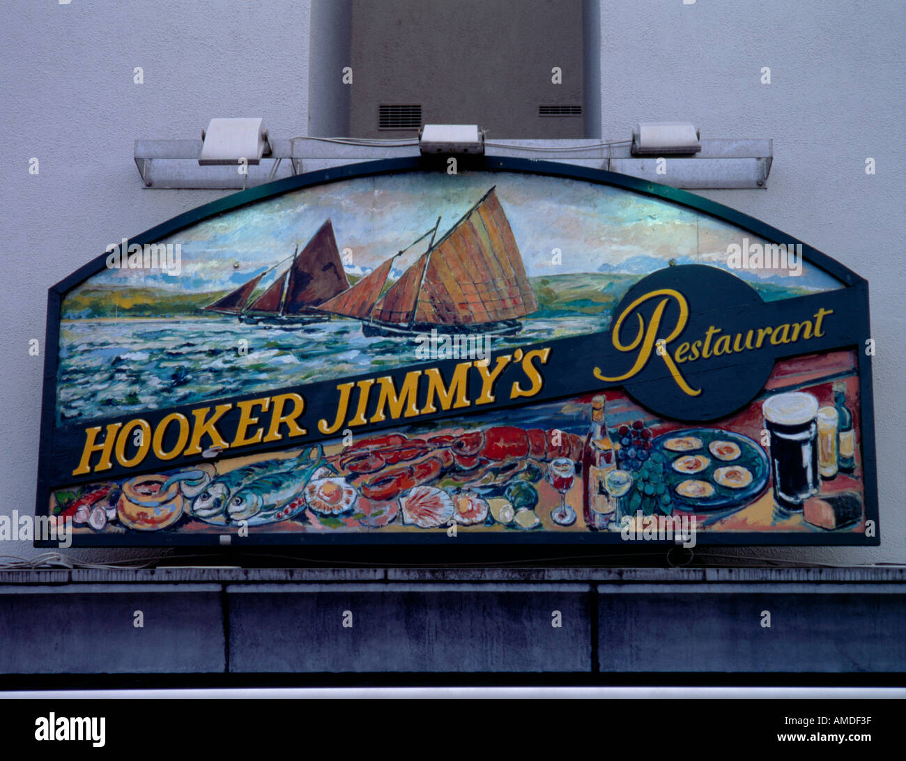 Sign outside 'Hooker Jimmy's Restaurant', Quay Street area, Galway, County Galway, Eire (Ireland). Stock Photo