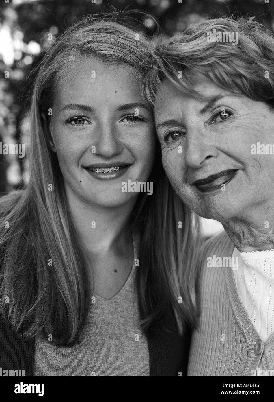 Portrait of Grandmother and Granddaughter Outdoors Stock Photo