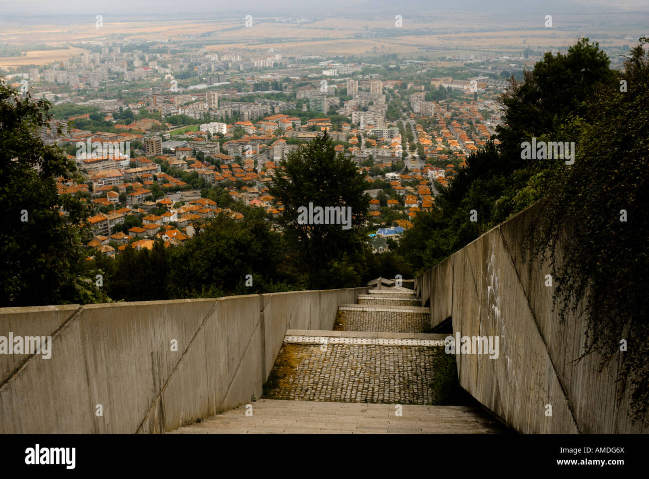 Communist era monument. Looking down the steps to the town of Shumen, Bulgaria Stock Photo