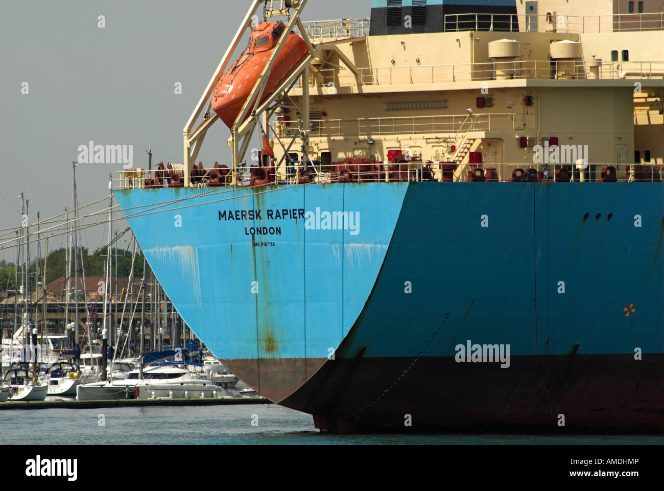 The stern of Tanker 'Maersk Rapier' entering Portsmouth Harbour. Stock Photo