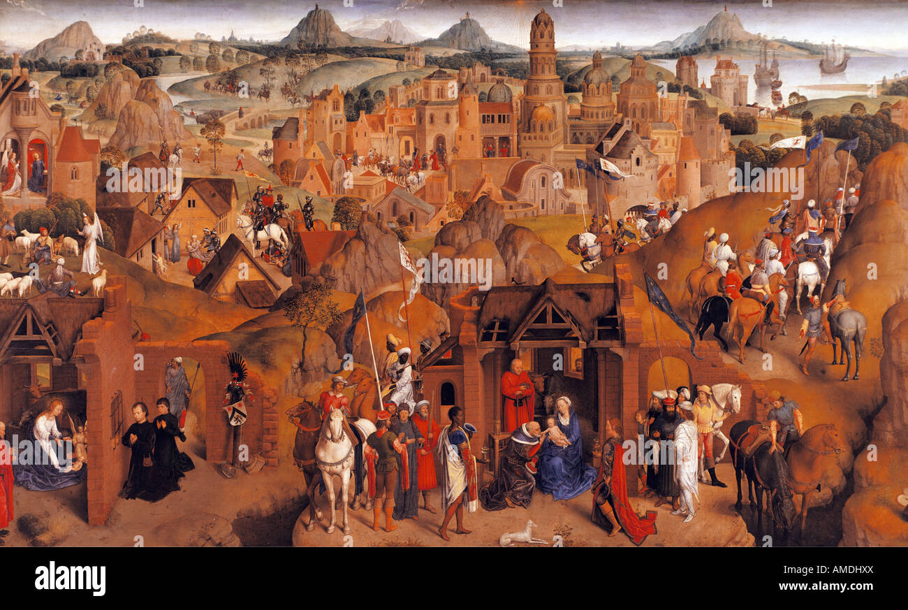 fine arts, Memling, Hans (1433 - 1494), painting, The Seven Joys of the Virgin, 1480, oil on oak wood, Alte Pinakothek, Munich, Stock Photo