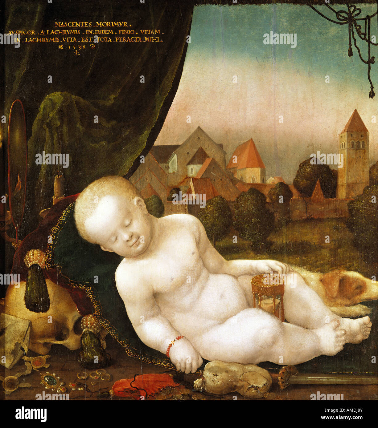 'fine arts, Mielich, Hans (1516 - 1573), painting, 'Vanitas', 1536, Regensburg City Museum, German, Renaissance, sleeping chil Stock Photo