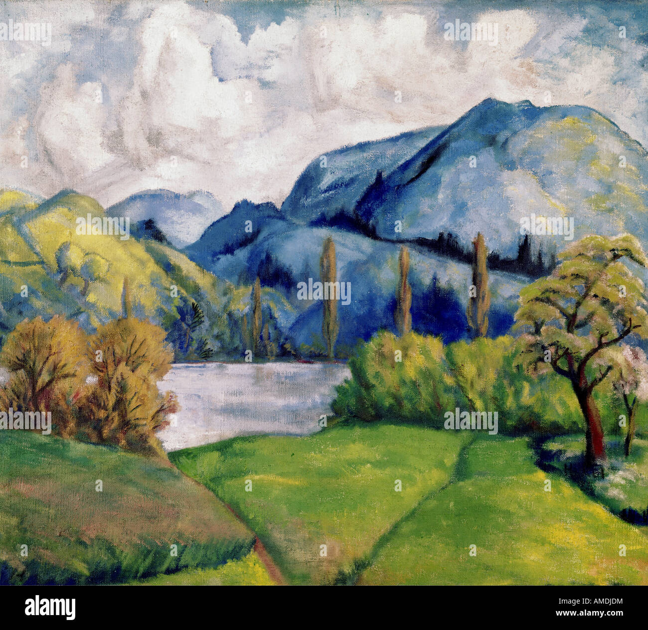 fine arts, Cezanne, Paul, (1839 - 1906), painting, Kunsthaus Zürich, French, impressionsm, nature, tree, trees, lake, maountains Stock Photo