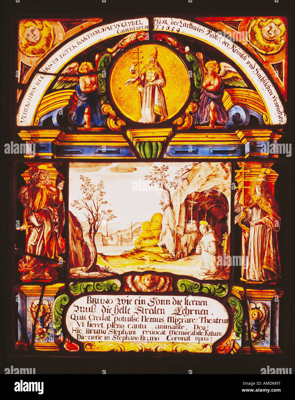 fine arts, religious art, glass painting, scene of the life of Saint Bruno, 1659, glass, Bavarian National Museum, Munich, Artist's Copyright has not to be cleared Stock Photo