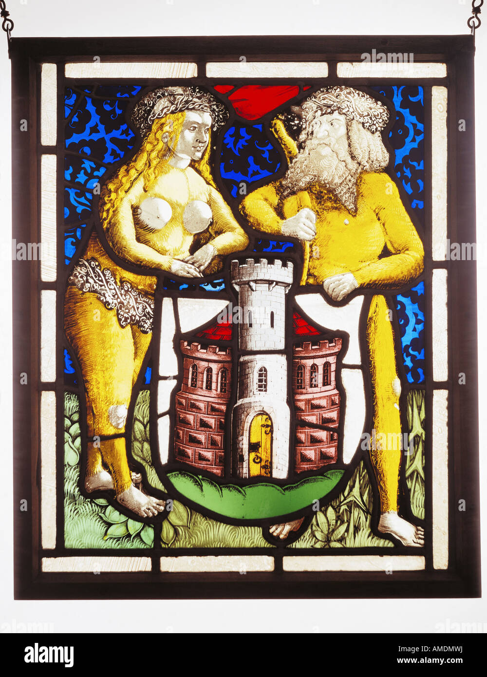 fine arts, glass painting, coat of arms of the town of Meersburg, glass, council chamber, Meersburg, , Artist's Copyright has not to be cleared Stock Photo