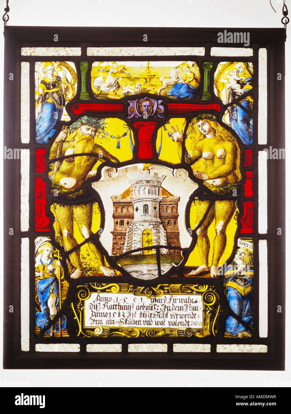 fine arts, glass painting, coat of arms of the town of Meersburg, 1582, glass, council chamber, Meersburg, , Artist's Copyright has not to be cleared Stock Photo