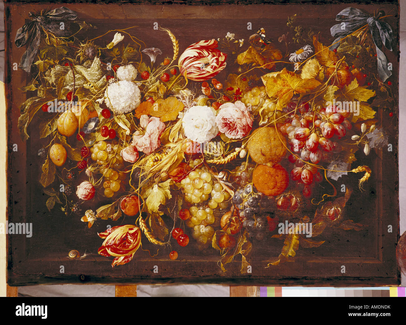 fine arts, Heem, Jan Davidsz de, (1606 - 26.4.1683), painting, 'festoon with flowers and fruit', 17th century, state gallery, Karlsruhe, Germany, , Artist's Copyright has not to be cleared Stock Photo