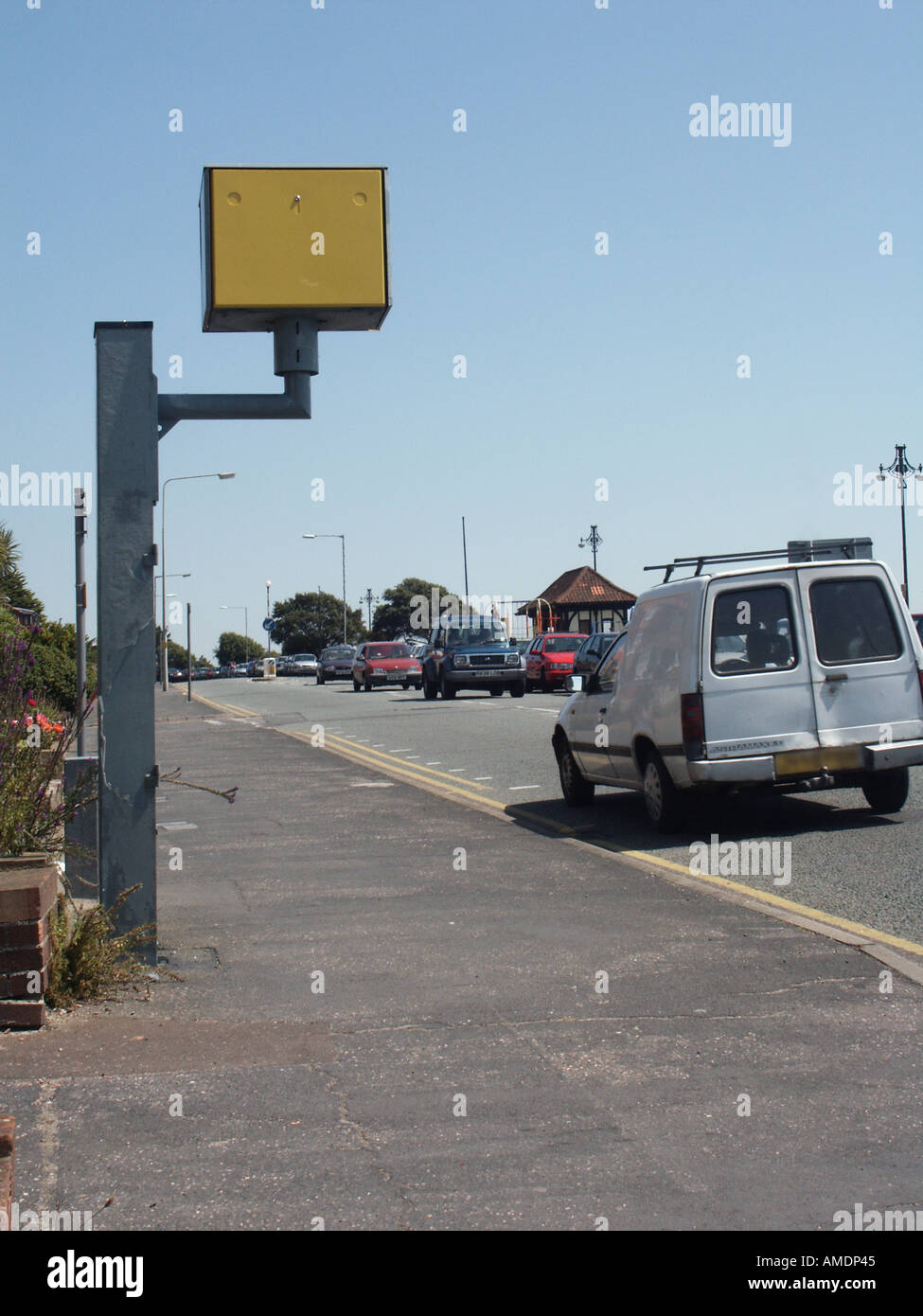 Clacton police speed camera and passing white van obscured number plate Stock Photo