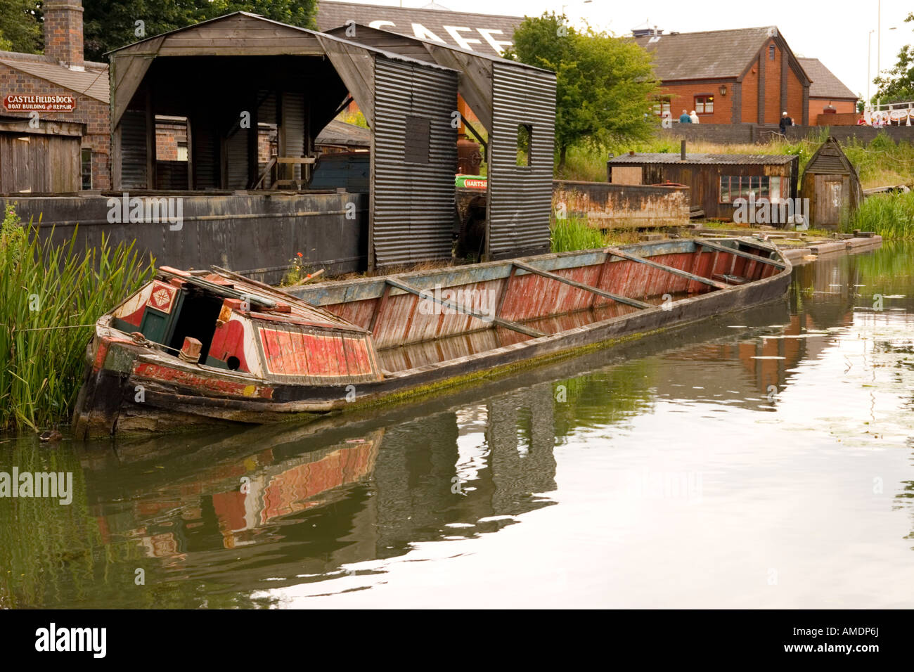 Sunken narrow boat on the canal Stock Photo