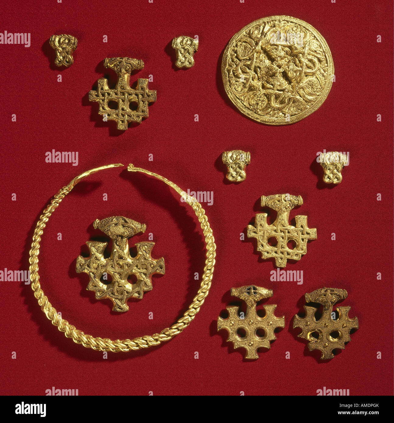 fine arts, nordic arts, jewellery, Hiddensee gold jewellery, manufactured: 10th century, likely Jutland, museum of cultural history Stralsund, Artist's Copyright has not to be cleared Stock Photo