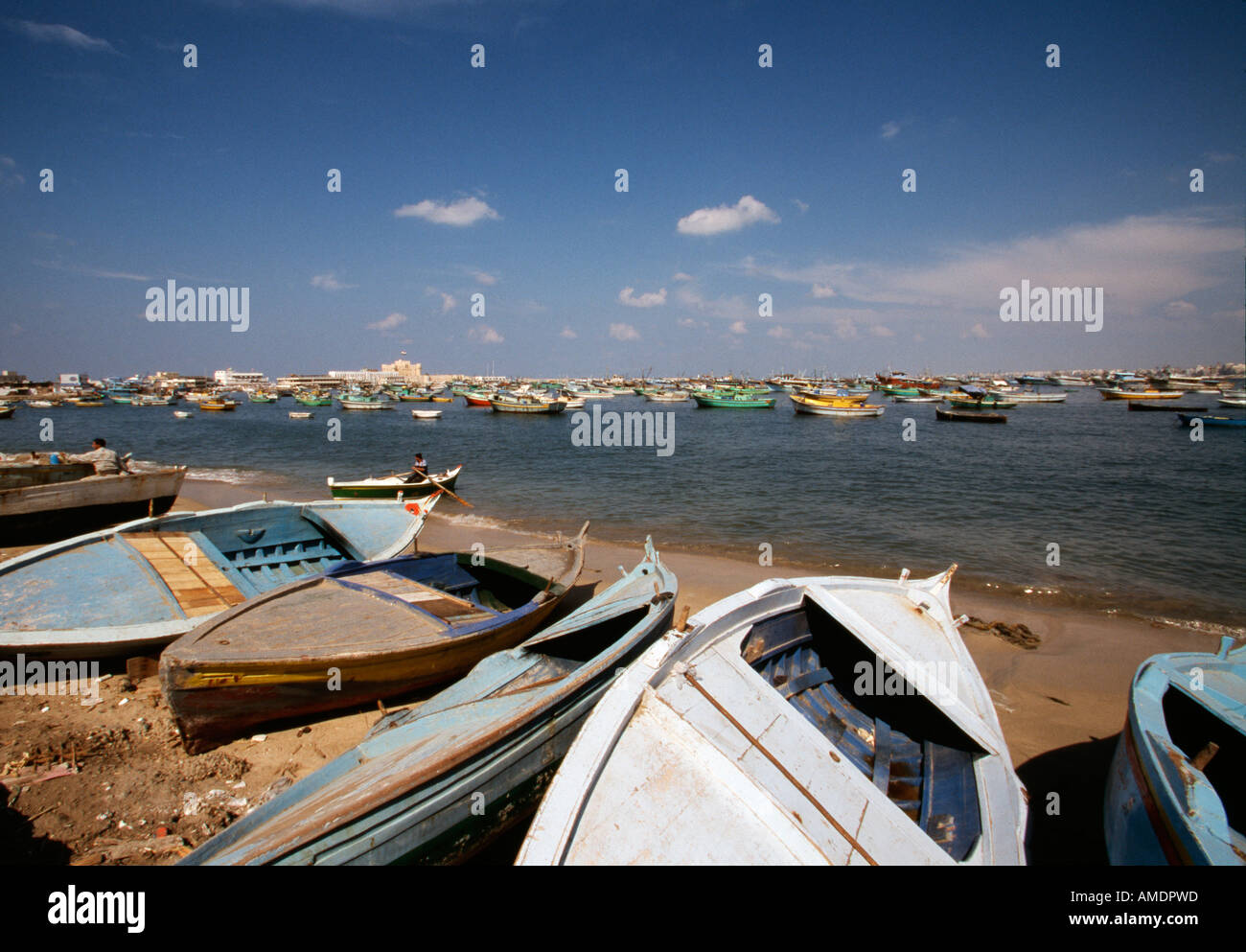 Egypt Alexandria Boats on beach near Mediterranean Sea Stock Photo