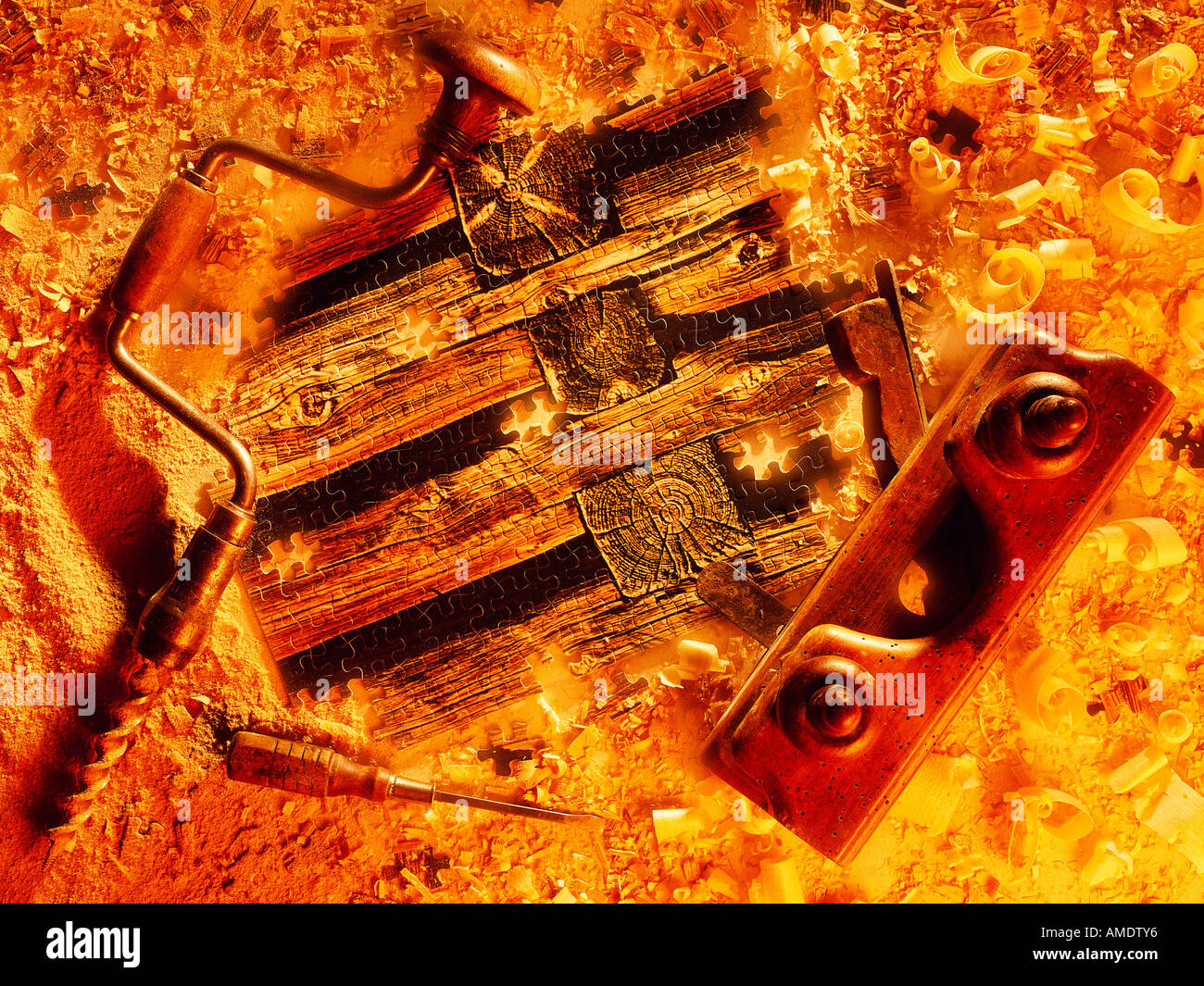 Making a Puzzle with Antique Tools Stock Photo