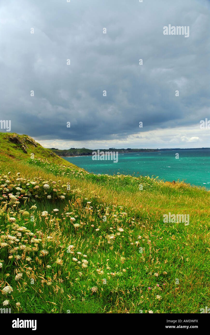 Landscape of rocky Atlantic coast in Brittany France with stormy sky ...