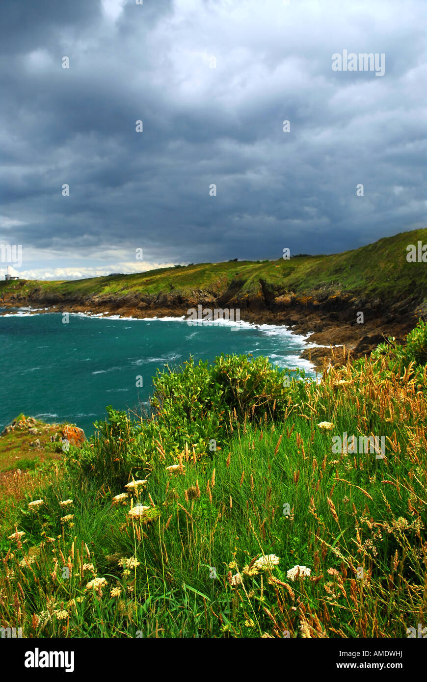 Landscape of rocky Atlantic coast in Brittany France with stormy sky ...