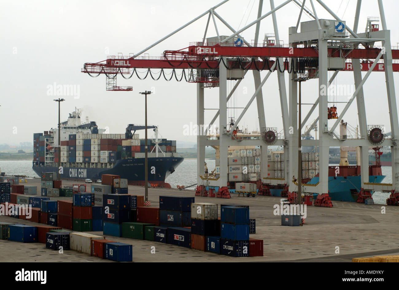 Ships on Container Port Dunkirk Northern France On the quayside is the ship Kenza and the CMA CGM Fort Ste Marie Stock Photo