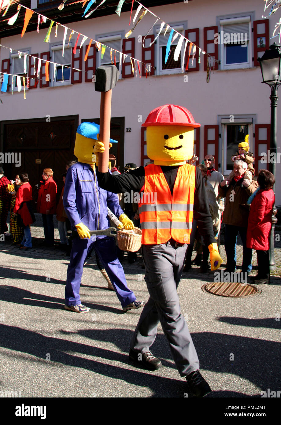 Man dressed as a Lego figure at German carneval Fasnet Stock