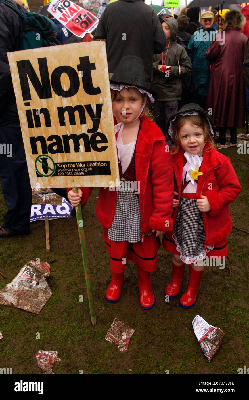 Two young girls in Welsh costume at an anti Iraq war protest in Swansea South Wales UK Stock Photo