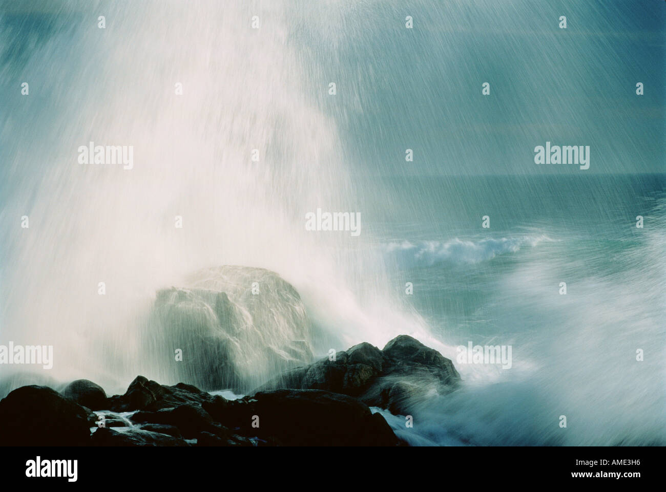 Waves Breaking Against Rocks West Coast National Park Northern Cape, South Africa Stock Photo