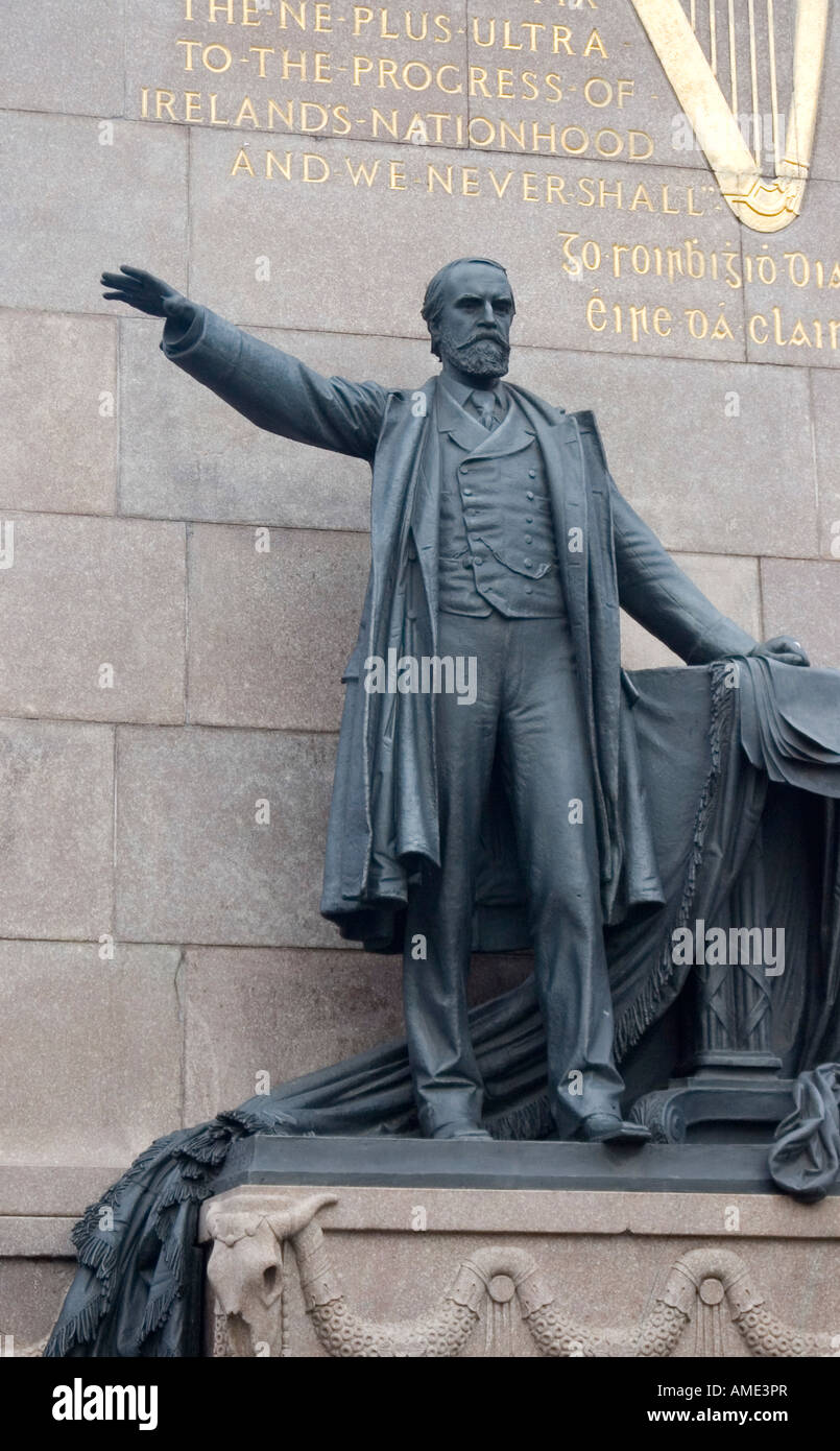 The statue of Irish parliamentary leader Charles Stewart Parnell on O'Connell Street in Dublin Ireland Stock Photo