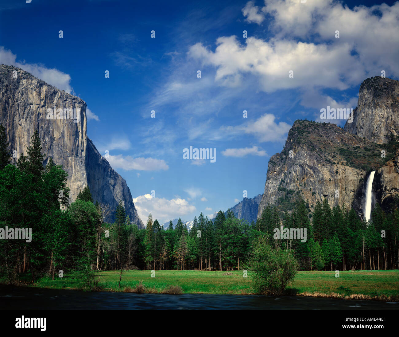 Yosemite National Park in California showing bridal Veil Falls and El Capitan Rock granite monolith from the valley floor Stock Photo