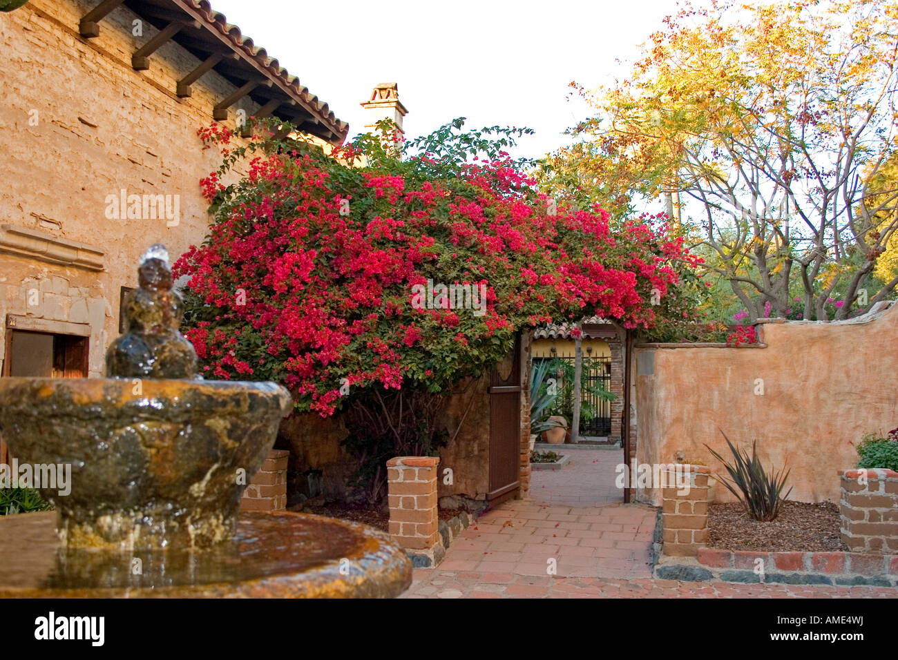 Sacred Garden of Mission San Juan Capistrano with running fountain in