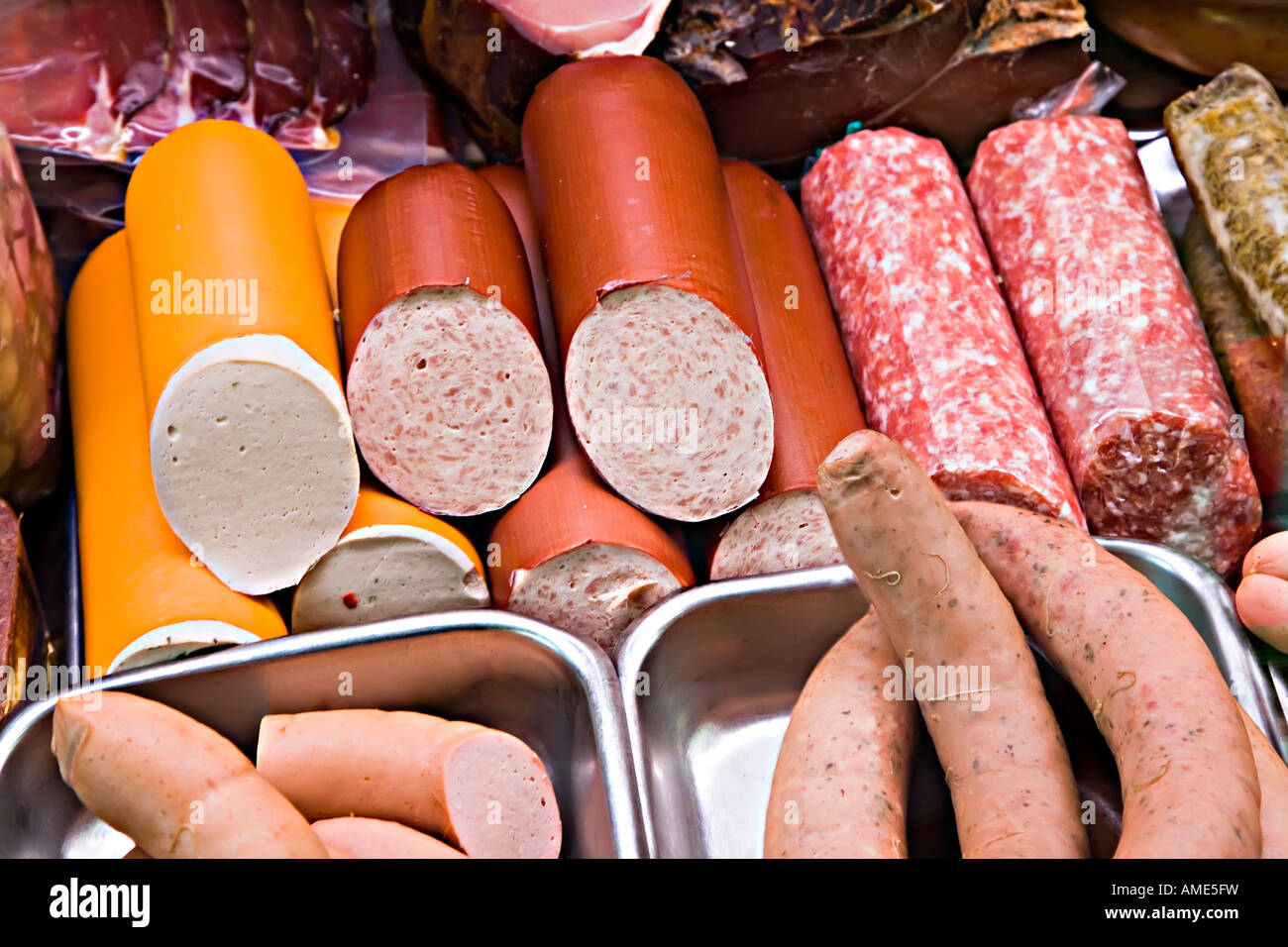 Smoked meat German sausage and salami on sale in butcher's shop Germany