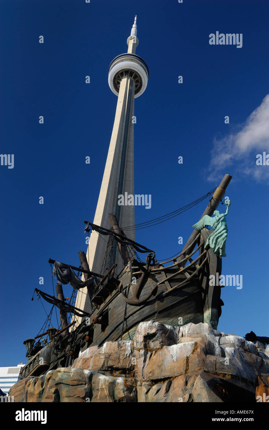 Black Pearl Pirate ship in Toronto with the CN Tower Stock Photo