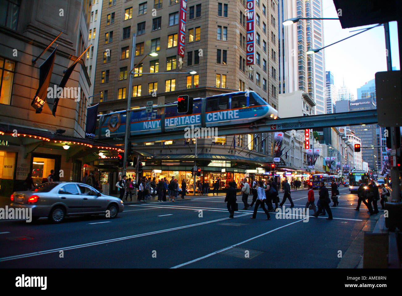 Sydney Monorail passing over traffic on George Street Sydney New South Wales Australia Stock Photo