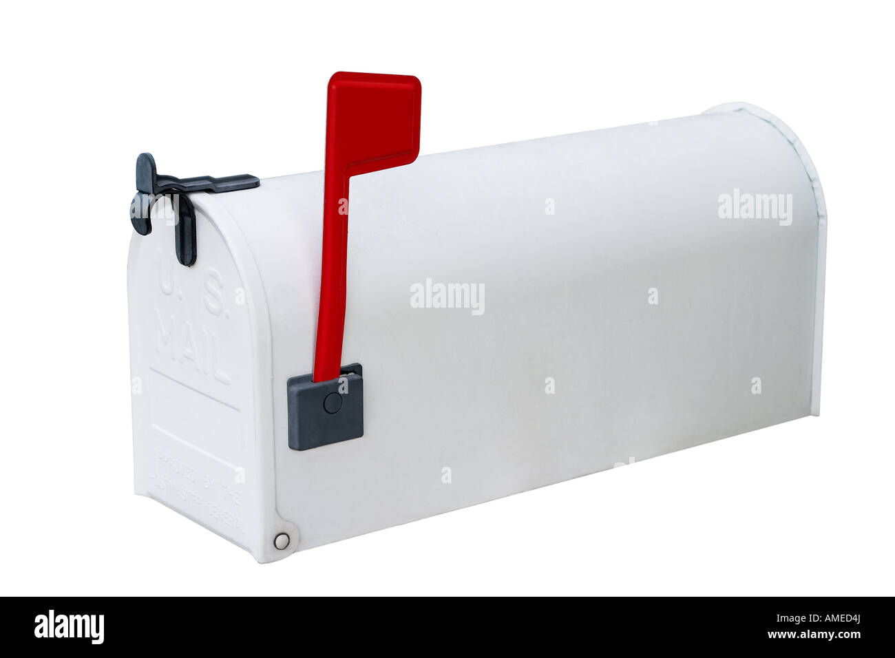 White metal mailbox with flag up and door closed Stock Photo