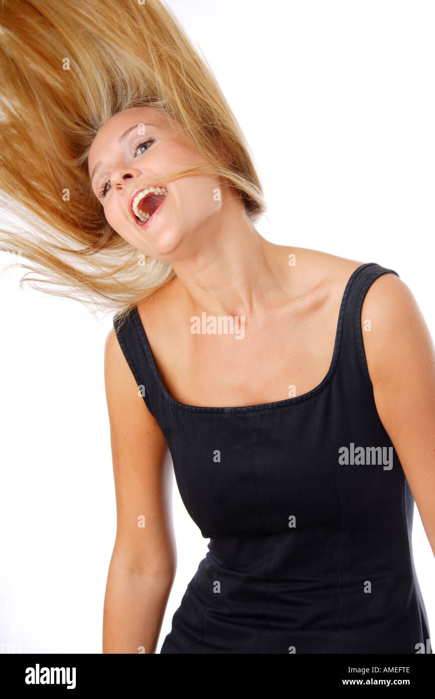 blond woman shaking her head Stock Photo