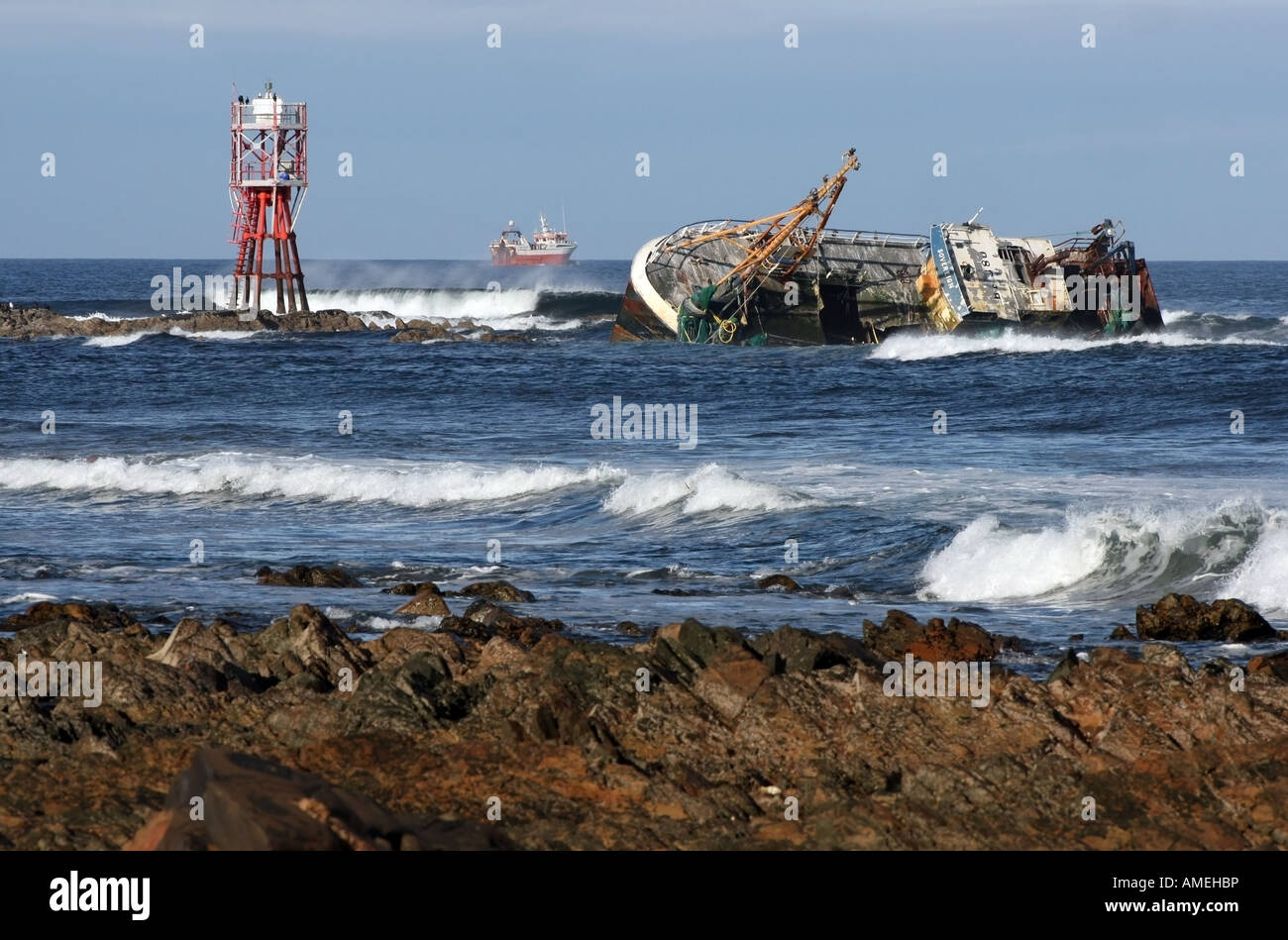 Banff registered Sovereign fishing trawler lies on rocks at Cairnbulg Point near Fraserburgh, Scotland. after running aground Stock Photo