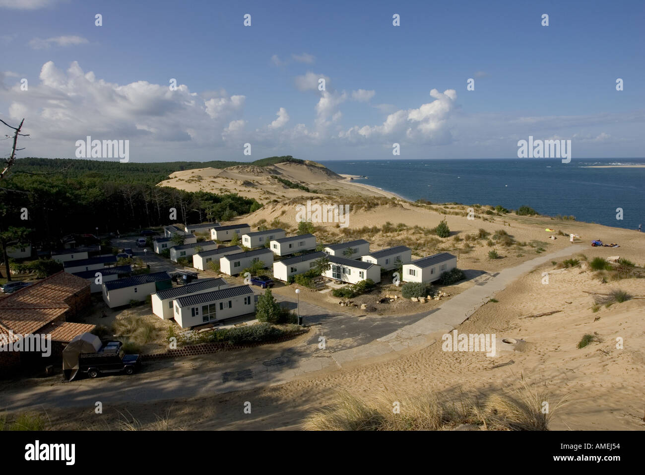 Cabins in sand dunes on Le Petit Nice camp site in Dune du Pyla overlooking the Bassin d'Arcachon south of Bordeaux France Stock Photo