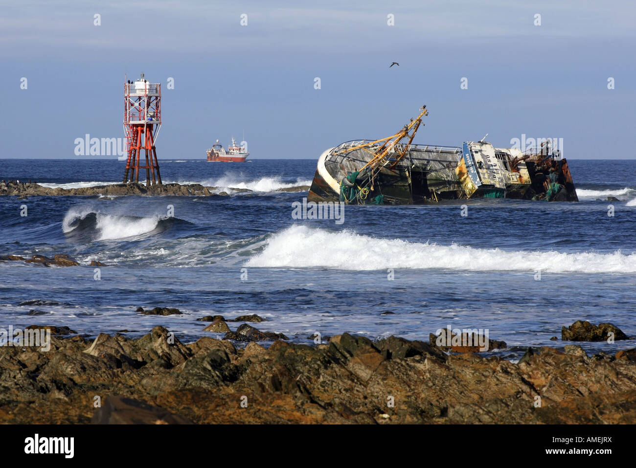 Banff registered Sovereign fishing trawler lies on rocks at Cairnbulg
