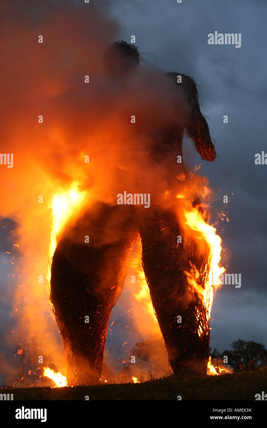 Burning of the Wicker Man ceremony at Archaeolink in Aberdeenshire, Scotland, Uk Stock Photo