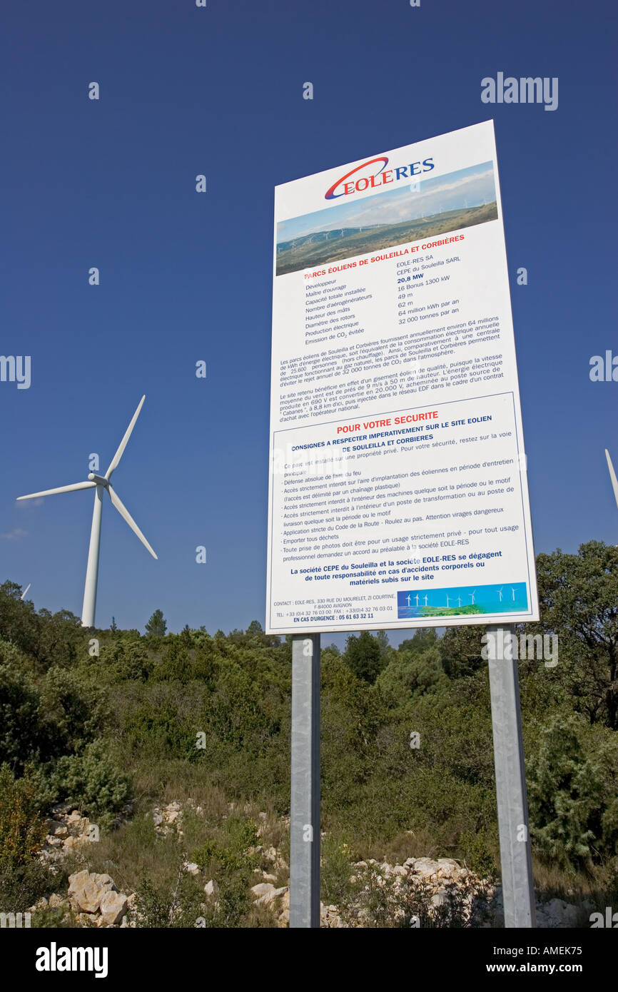 Signboard at entrance to wind turbine Parc Eolienne de Fitou southern  France Stock Photo - Alamy
